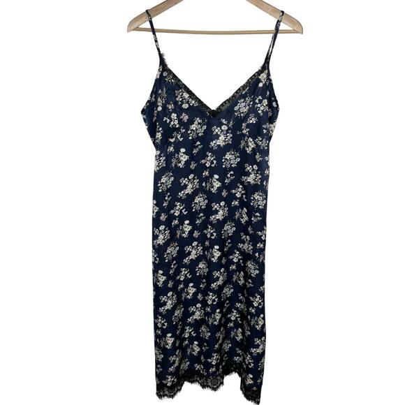 Kenzie Francescas Women Satin Floral Midi Slip Dress Medium Navy Lace Side Slit - Picture 4 of 13